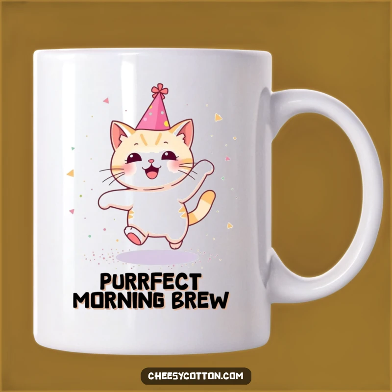 Funny Kawaii Cat Party Mug, Glitter Leaping Cat - Adorable Funny Gift