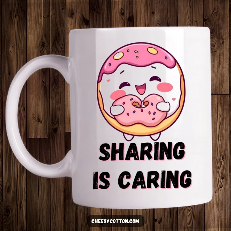 Funny donut character joyfully offering a donut to share, depicted on a mug with a happy expression.