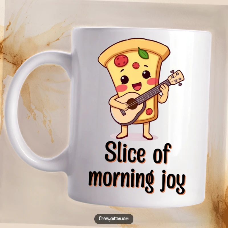 Funny mug featuring a cute pizza slice character happily strumming a ukulele, embodying musical joy and deliciousness.