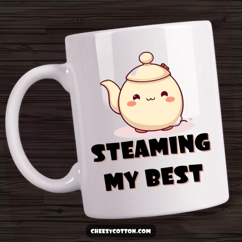 Funny mug showcasing a shy teapot character peeking out from behind a steaming teabag, conveying gentle humor and a warm, cozy vibe.