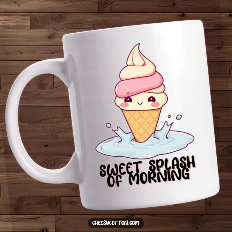 Funny Mug: A joyful ice cream cone gleefully splashes in a puddle, embodying innocent fun and delightful, sweet happiness.
