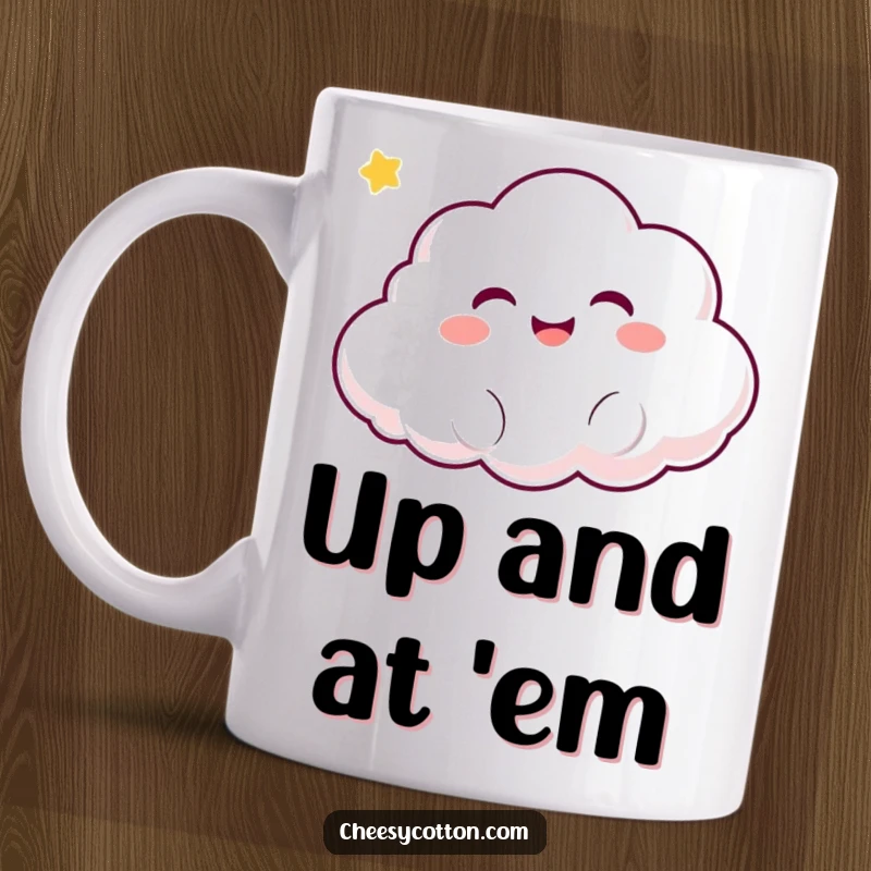 Funny Kawaii Cloud Mug: A happy, giggling cloud character floating gently upwards, bringing joy and a touch of whimsy.