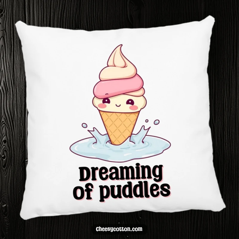 Funny Pillow: A beaming ice cream cone splashing in a puddle offers sweet comfort and cheerful decoration, embodying playful enjoyment.