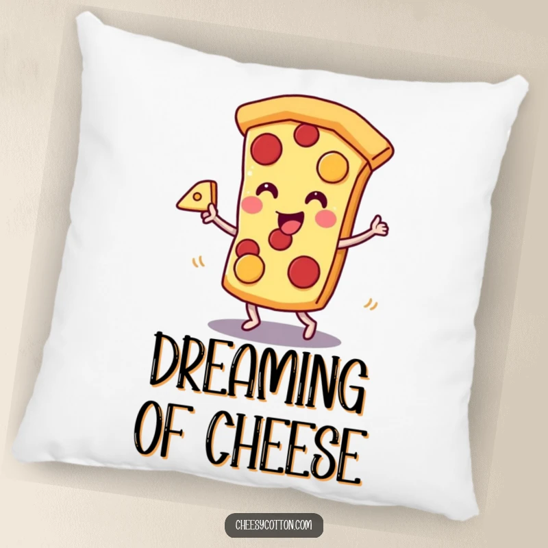 Funny kawaii pizza slice character dancing with cheese, depicted as a soft, comfortable funny pillow.