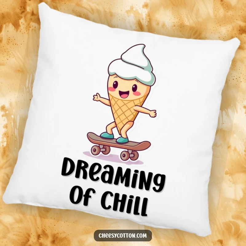 Funny ice cream cone character skateboarding, featured on a soft pillow for a humorous decorative accent.