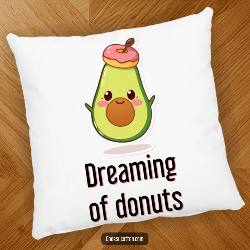 Funny Avocado Donut Pillow: A soft cushion featuring a smiling avocado character performing a donut balancing act.