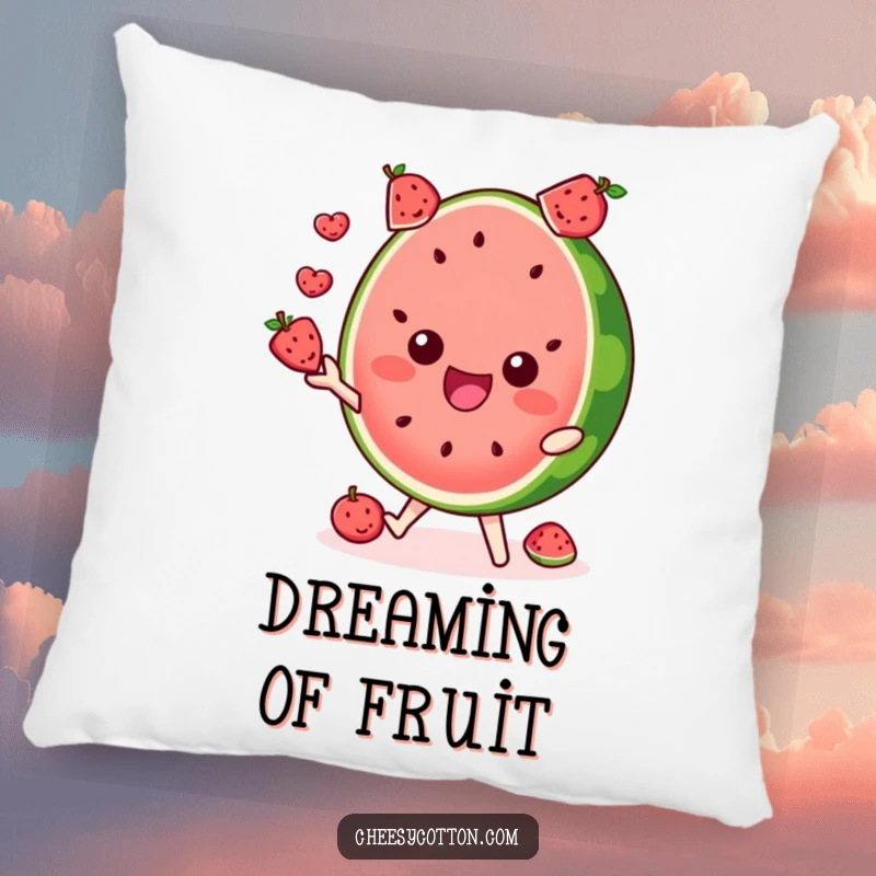 Funny pillow with a delighted watermelon slice character juggling fruits, offering comfort and cheer.