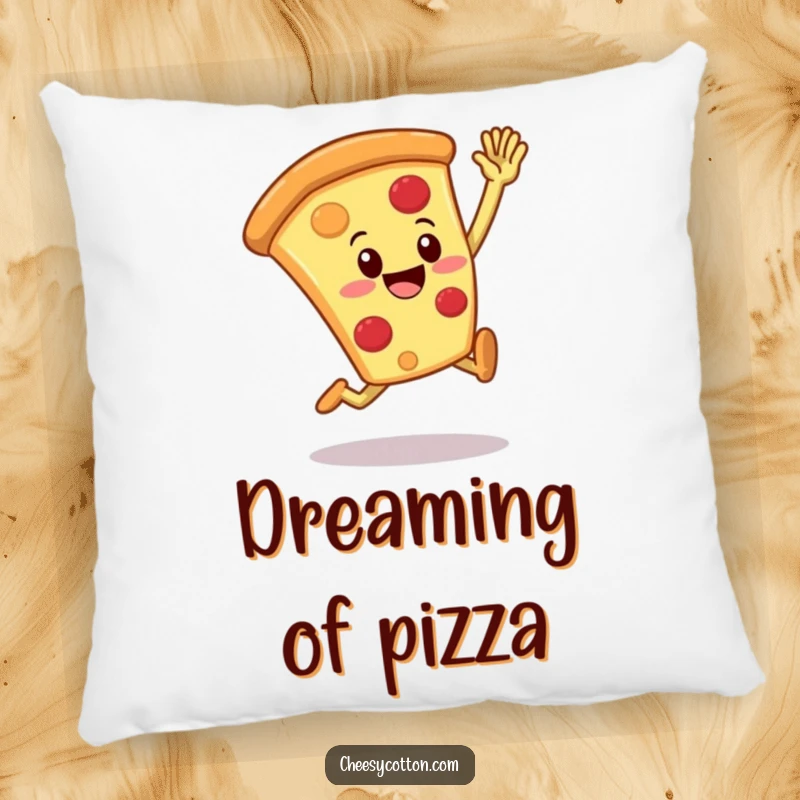 Funny pizza slice character leaping for a high five on a soft pillow, adding comfort and cheer.