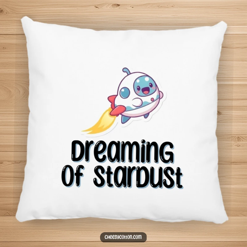 Funny pillow featuring a tiny, excited spaceship character creating a shimmering, magical trail, perfect for adding humor to any room.