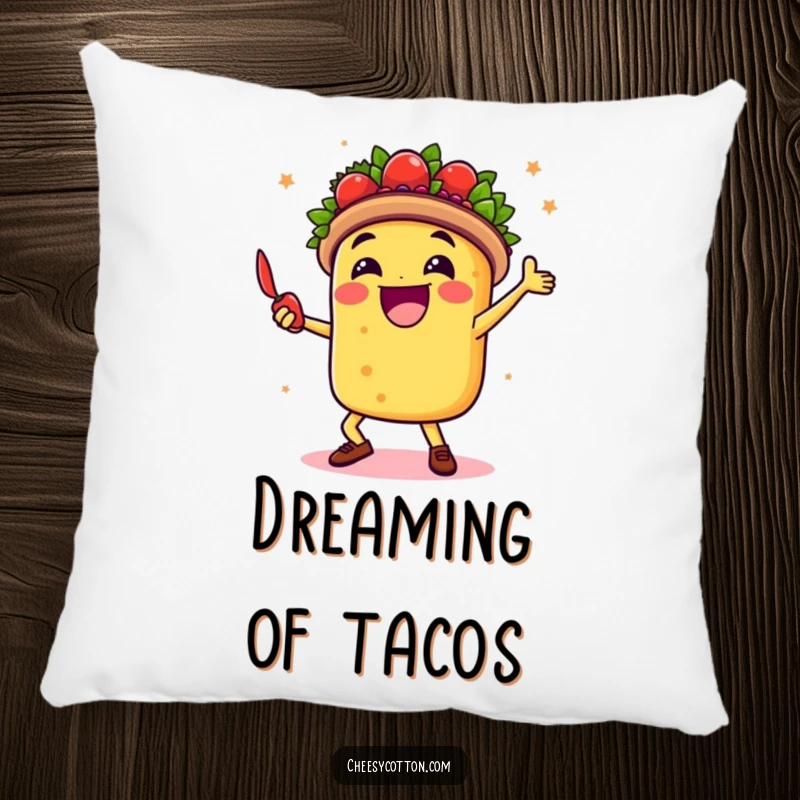Funny pillow showcasing a happy taco character dancing with a chili pepper, adding a touch of fiesta comfort to any room.