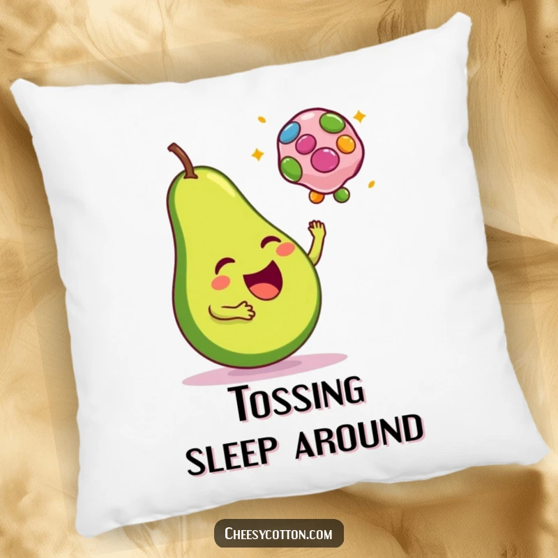 Funny pillow design of a happy avocado tossing a colorful bean bag, perfect for comfort and smiles.
