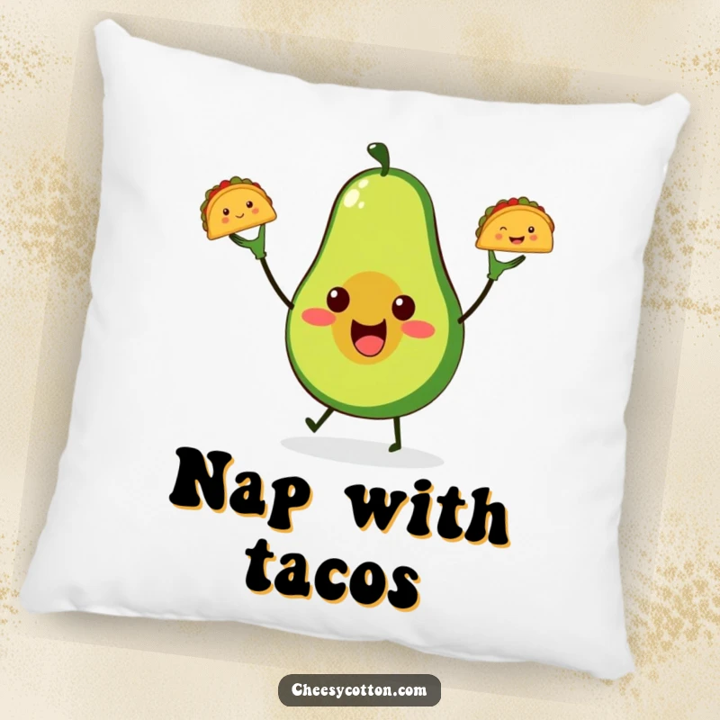 Funny avocado taco juggling pillow, showing a happy avocado juggling tacos, offering cozy decor and foodie cheer.