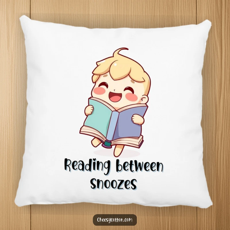 Funny pillow featuring a joyful book character happily flipping its pages, providing comfort and a touch of literary humor.
