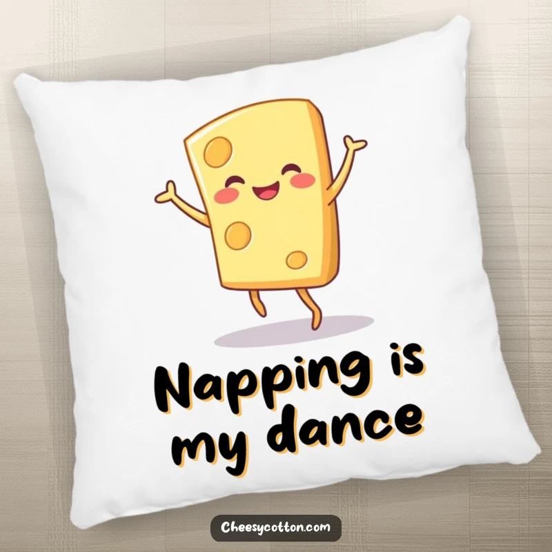 Funny cheese character doing a happy dance, featured on a soft pillow for a humorous decorative accent.