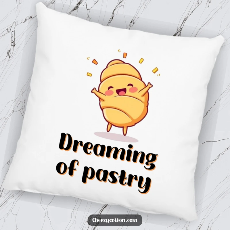 Funny Croissant Cartwheel Pillow: A soft cushion featuring a cheerful croissant character doing a cartwheel with layers flying.