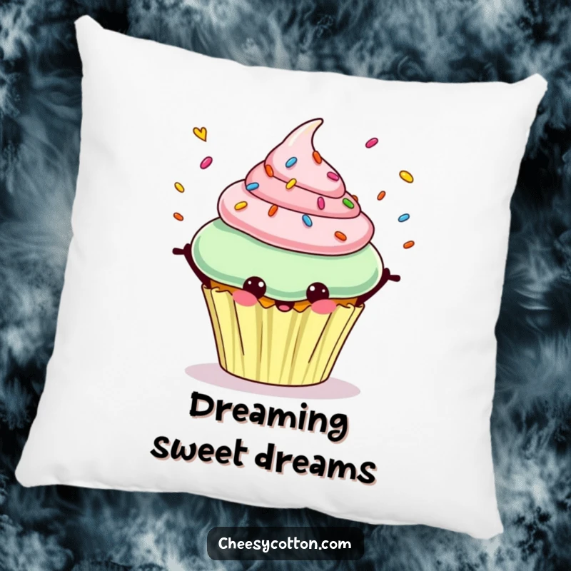 Funny pillow featuring a cheerful cupcake character happily juggling colorful sprinkles, radiating pure joy.