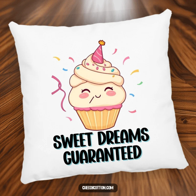 Funny pillow featuring a cheerful cupcake character joyfully blowing colorful party streamers, a cozy and humorous addition to any space.