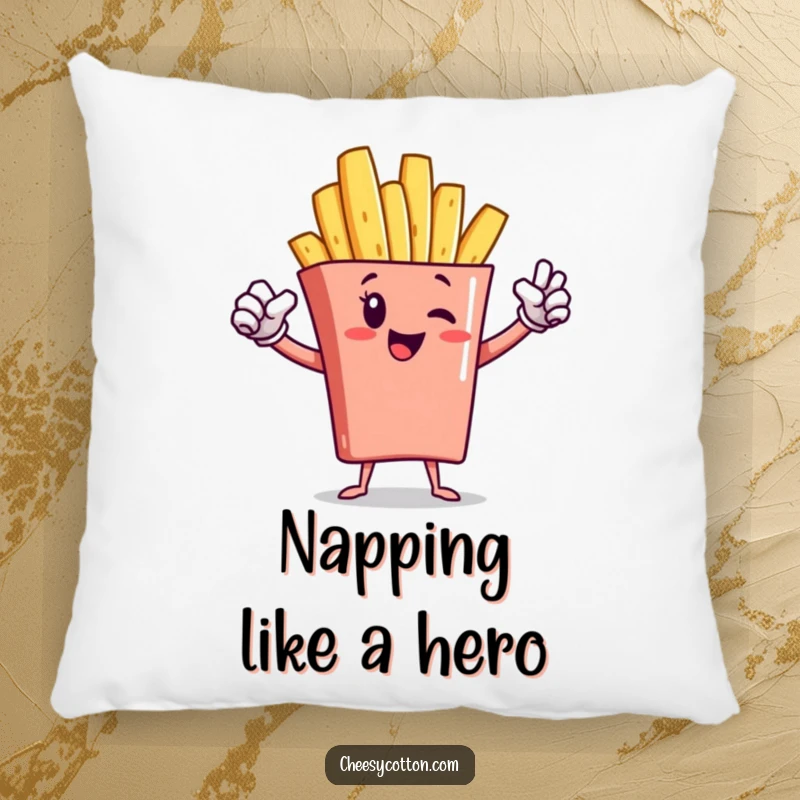 Funny french fry character striking a superhero pose on a soft pillow, offering comfort and humor.