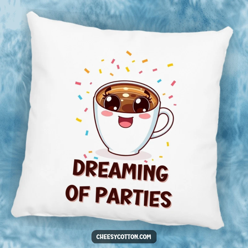 Funny excited kawaii coffee cup cheering with confetti, printed on a soft, comfortable pillow.