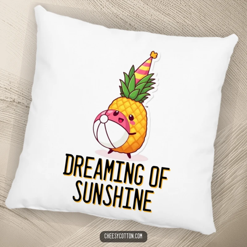 Funny kawaii pineapple wearing a party hat joyfully bouncing a beach ball on a plush pillow.