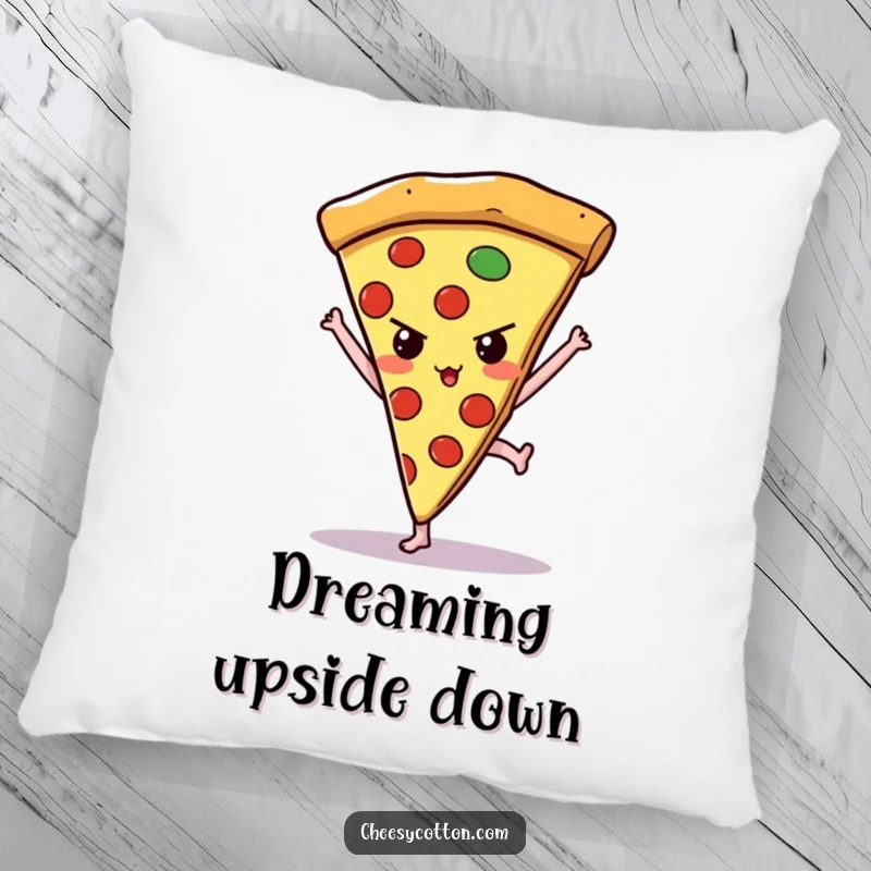 Funny kawaii pizza slice in a handstand pose, presented as a soft, decorative pillow for ultimate comfort and inspiration.