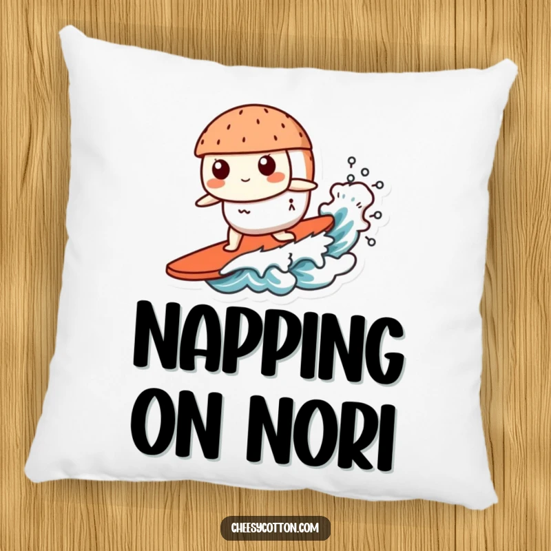 Funny Kawaii Sushi Pillow: A soft, plush pillow designed as a cute kawaii sushi character, happily surfing a small wave.