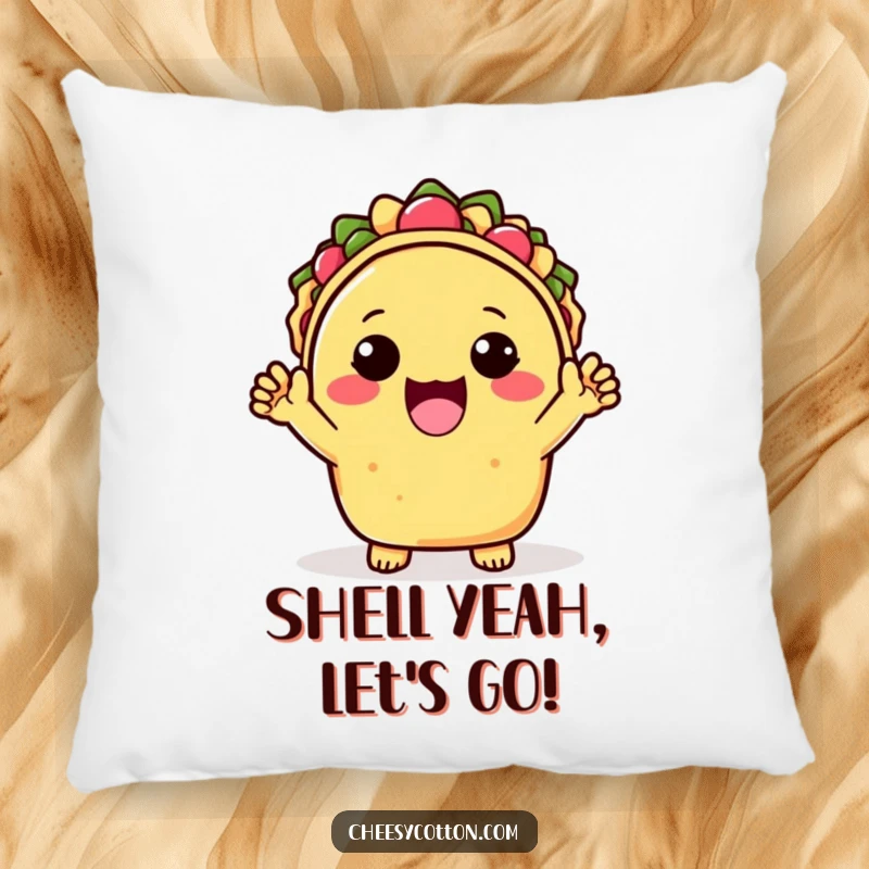 Funny Pillow designed with a cute kawaii taco character enthusiastically cheering with both hands, offering comfort and a cheerful accent.