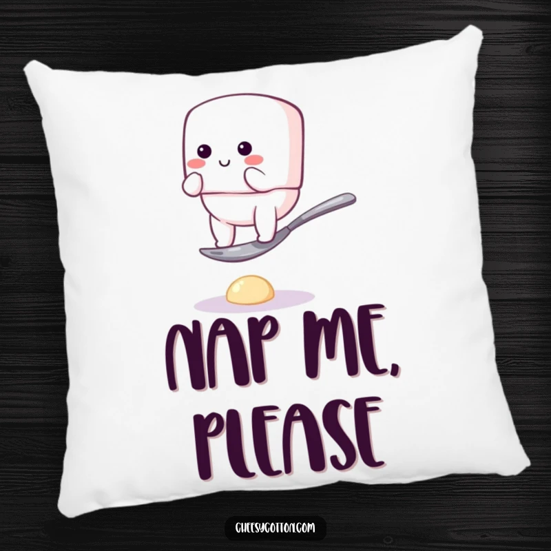 Funny pillow with a cute marshmallow character hilariously trying to balance on a tiny spoon, perfect for adding comfort and humor to any space.