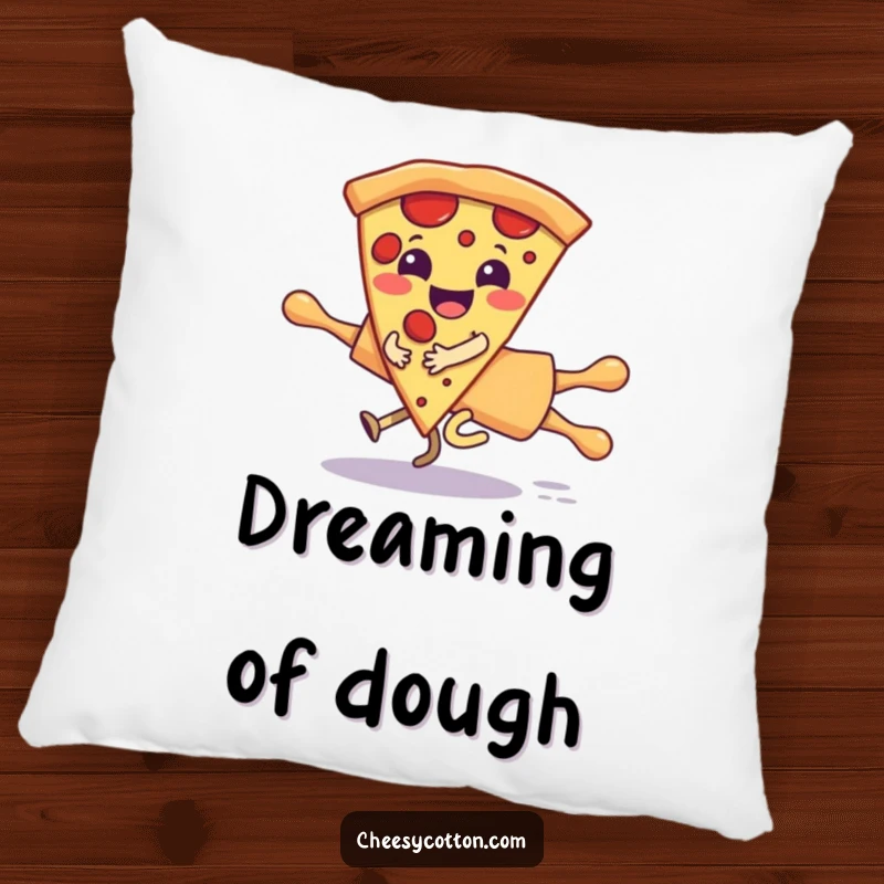 Funny pillow with a giggling pizza slice character humorously riding a runaway rolling pin, perfect for adding comfort and playful vibes.