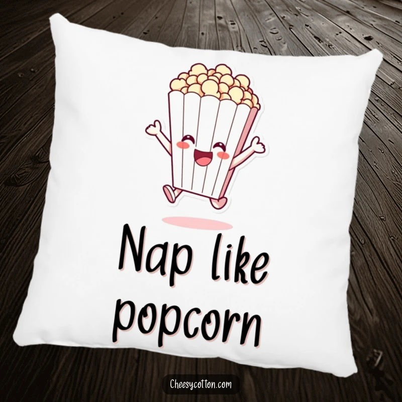 Funny pillow with a cheerful popcorn bag character excitedly leaping, perfect for cozy movie nights.