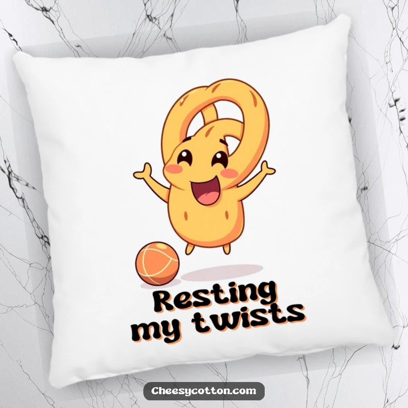 Funny pretzel character joyfully bouncing a rubber ball, soft and plush pillow for adding cheer and comfort to any room.