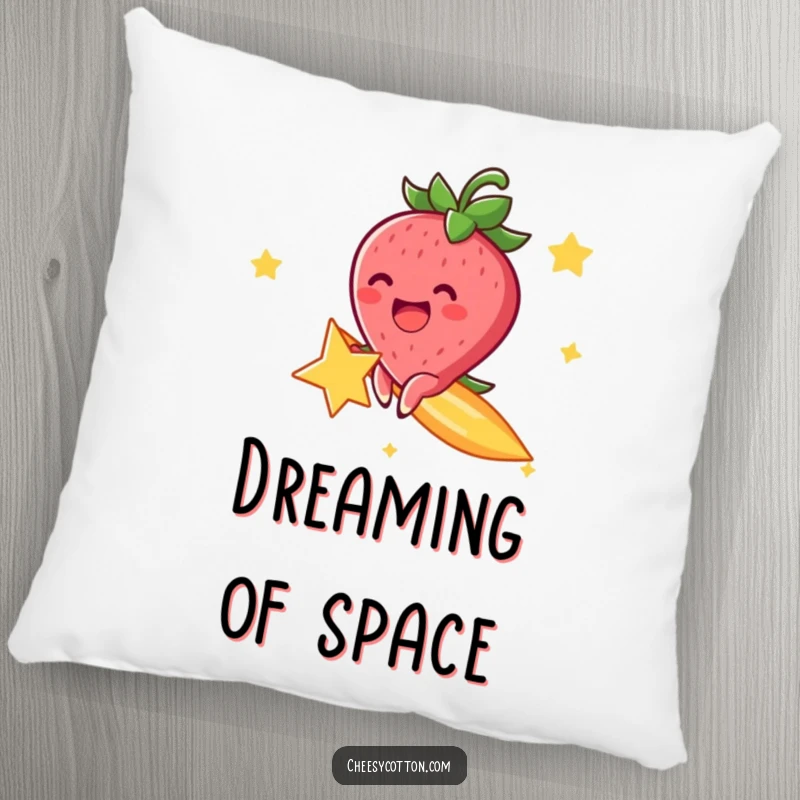 Funny decorative pillow with a cheerful strawberry character, excitedly riding a shooting star, bringing soft, cosmic comfort.