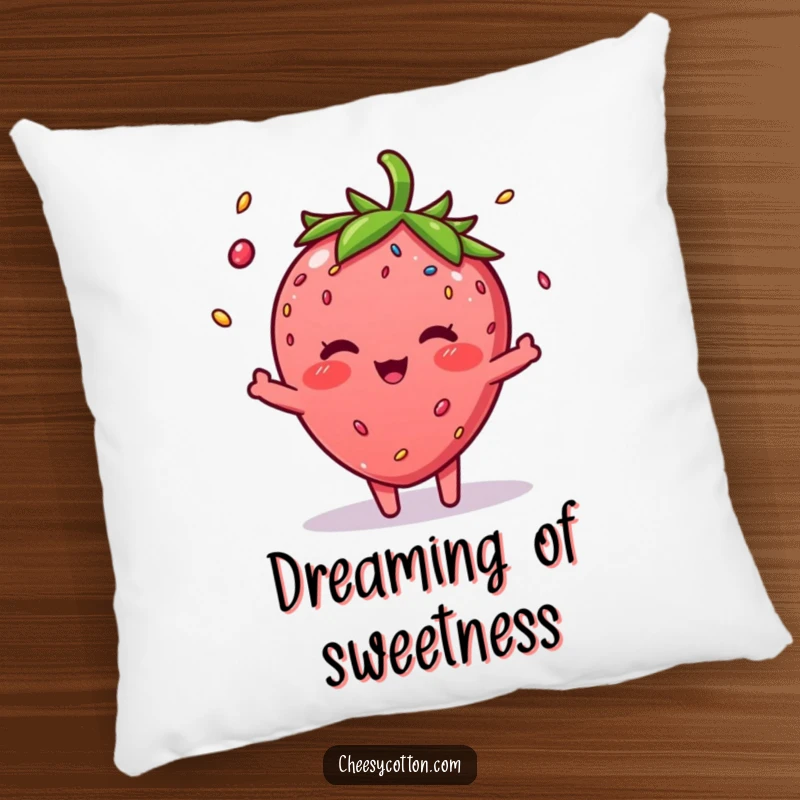Funny Strawberry Sprinkle Pillow: A soft cushion featuring a blushing strawberry character juggling colorful sprinkles.
