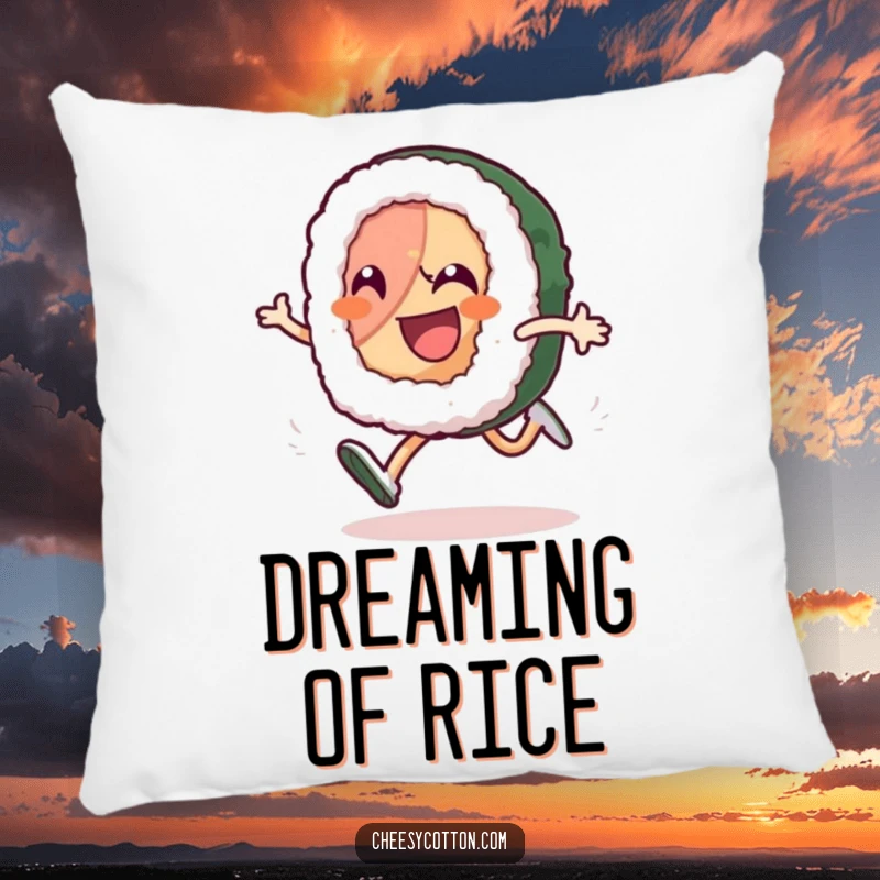 Funny sushi roll character in an energetic high-knee run, depicted as a plush pillow, perfect for funny gift.