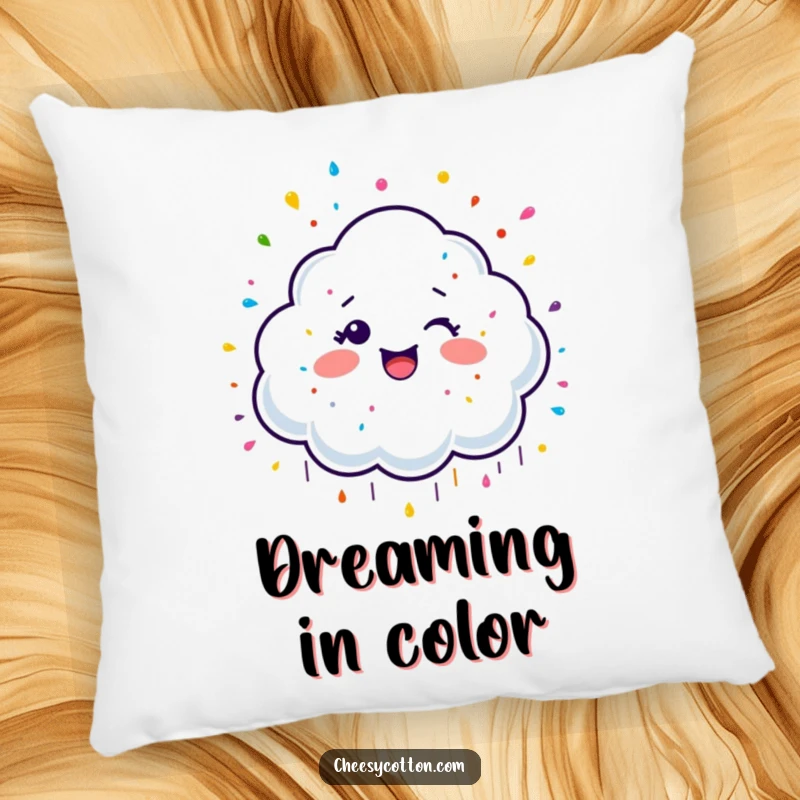 Funny Pillow with a soft, giggling cloud character raining colorful sprinkles, offering comfort with a sweet and cheerful design.