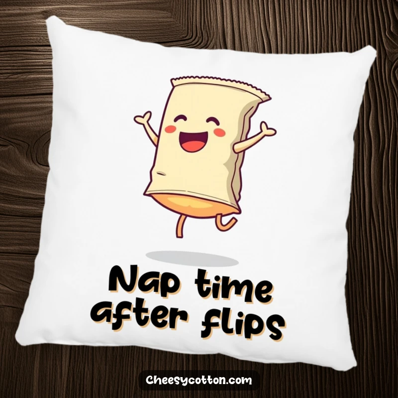 Funny Pillow: A chip bag doing a cartwheel offers plush comfort and humorous decoration, embodying playful snacking and energetic relaxation.
