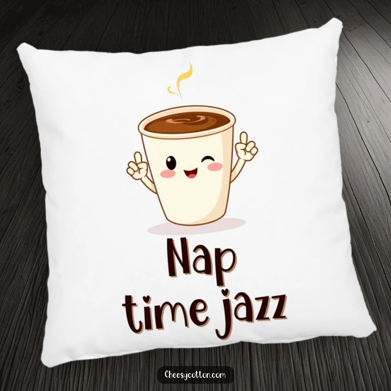 Funny pillow featuring a cheerful coffee cup character doing jazz hands, offering comfort and a dose of morning pep.
