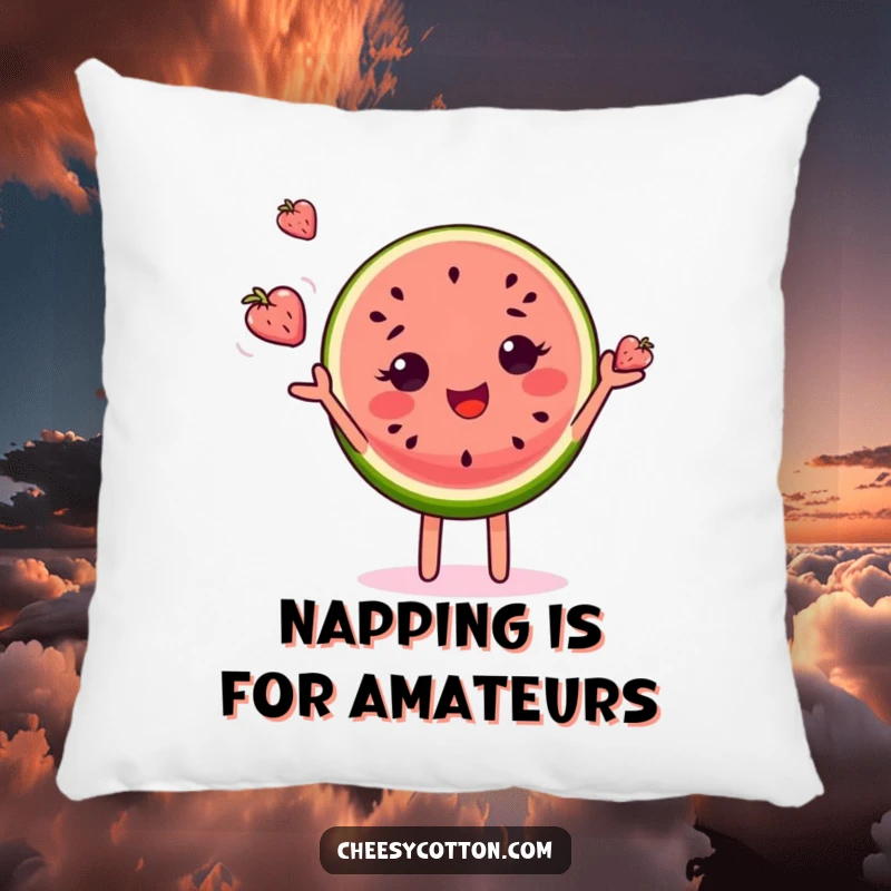 Funny pillow featuring a delighted watermelon slice character gleefully juggling miniature fruits, adding a cozy, humorous accent.