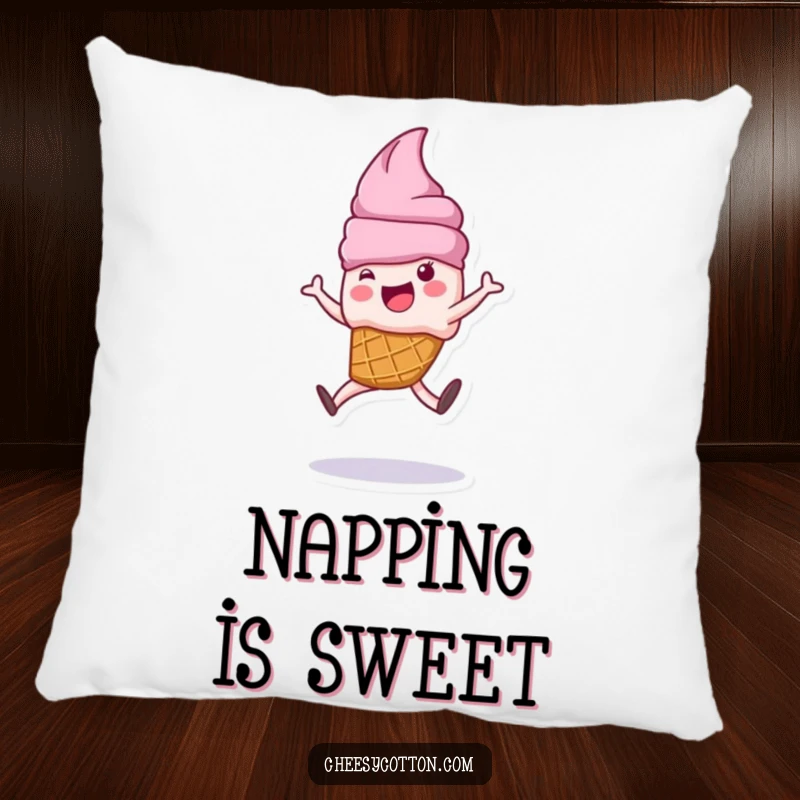 Funny ice cream cone character doing a cartwheel on a soft pillow, adding comfort and playful cheer.