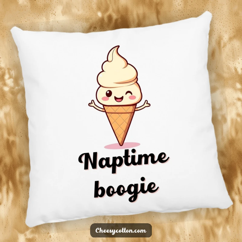Funny kawaii ice cream cone dancing happily, presented as a soft, decorative pillow for ultimate comfort and humor.