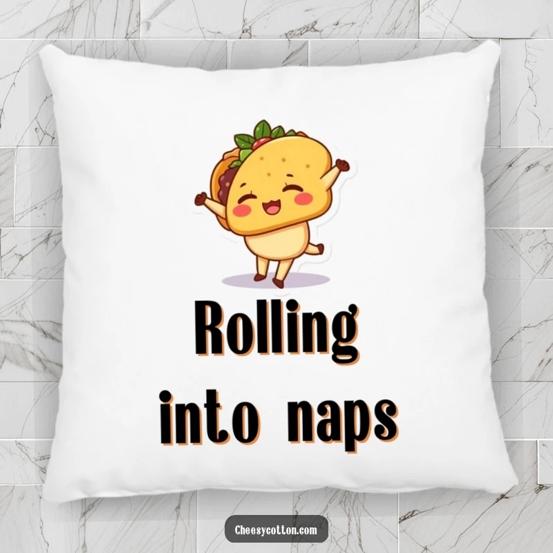 Funny Pillow featuring a cute kawaii taco character winking and doing a cartwheel, adding a touch of playful flair.