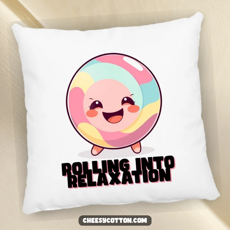 Funny Pillow featuring a happy, round candy rolling along with a big smile, offering comfort and a sweet touch.