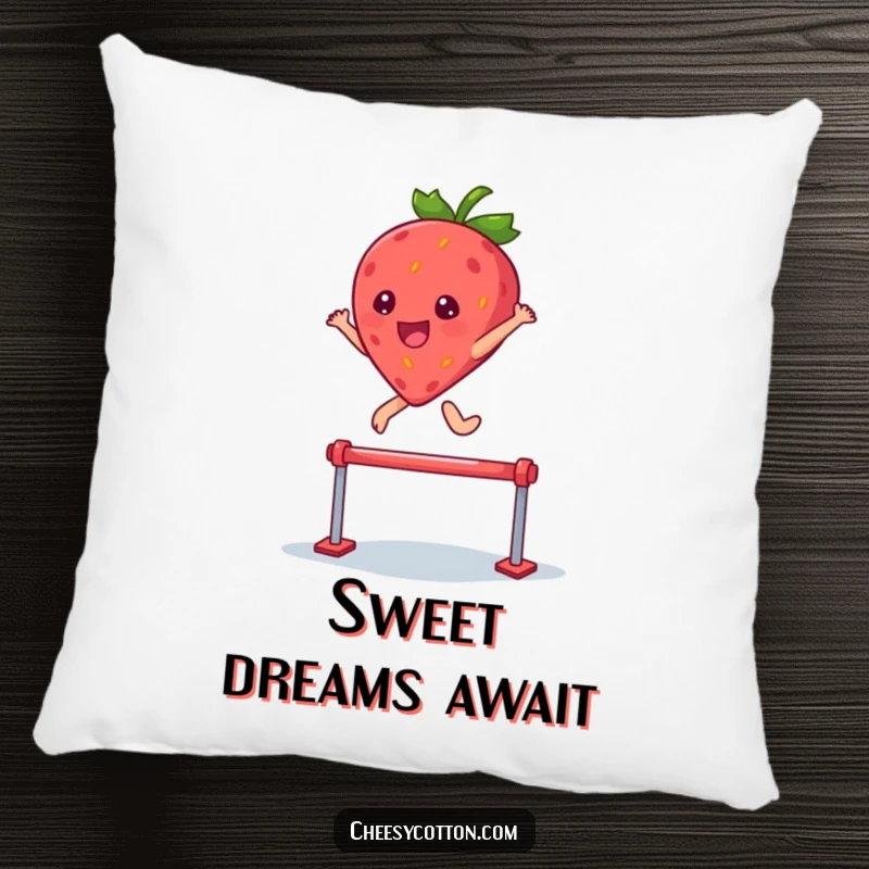 Funny pillow featuring a kawaii strawberry character leaping over a hurdle, bringing joy and comfort.