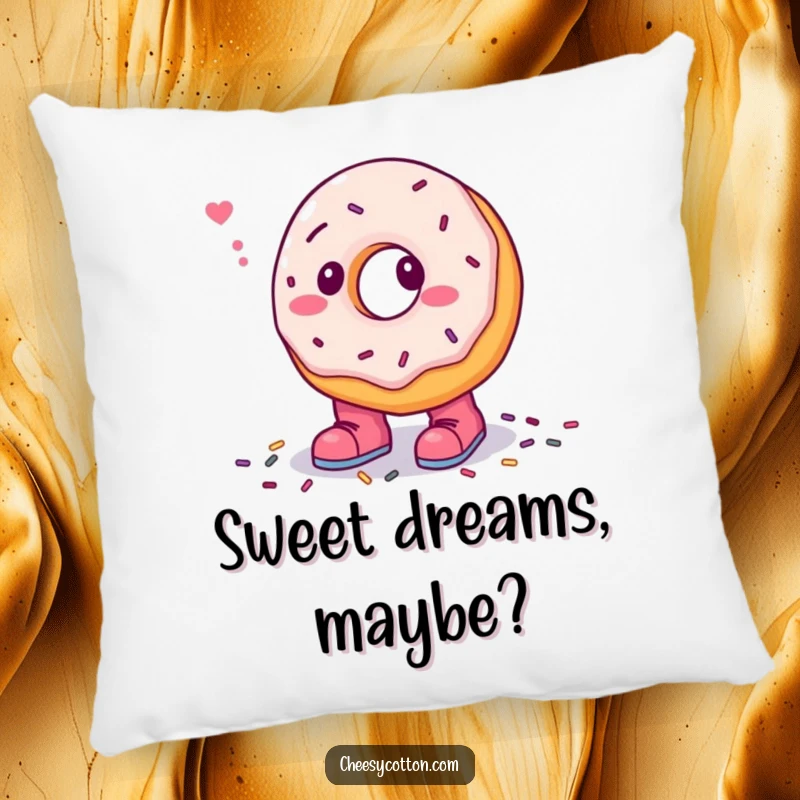 Funny pillow with a confused donut character adorably wearing tiny boots and stepping in sprinkles, perfect for comfort and a touch of humor.