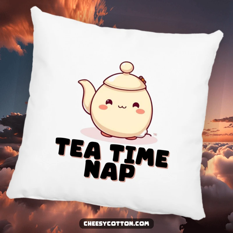 Funny pillow with a shy teapot character adorably peeking from behind a steaming teabag, perfect for comfort and a touch of quiet humor.