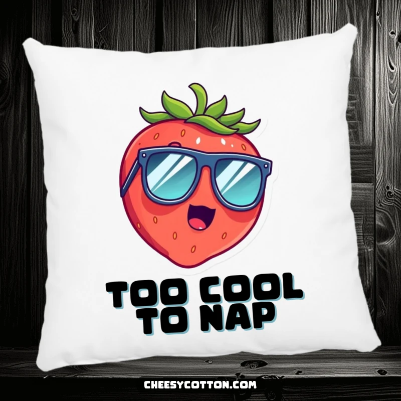 Funny pillow showcasing a surprised strawberry giggling brightly while wearing big, stylish sunglasses for a playful touch.
