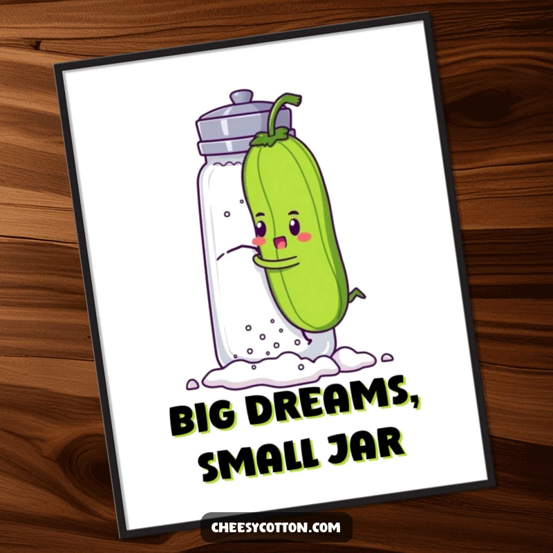 Funny digital art print of a determined pickle character comically climbing a giant salt shaker, delivering instant humor and motivational vibes.