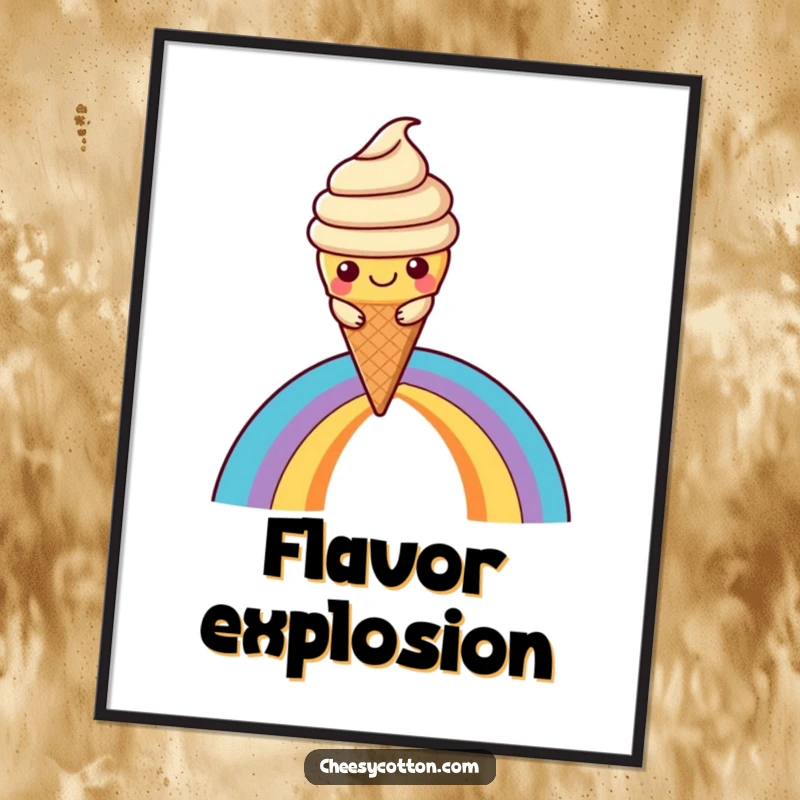 Funny Kawaii Ice Cream Digital Art: A high-resolution image of a cheerful kawaii ice cream cone character sliding down a vibrant rainbow.