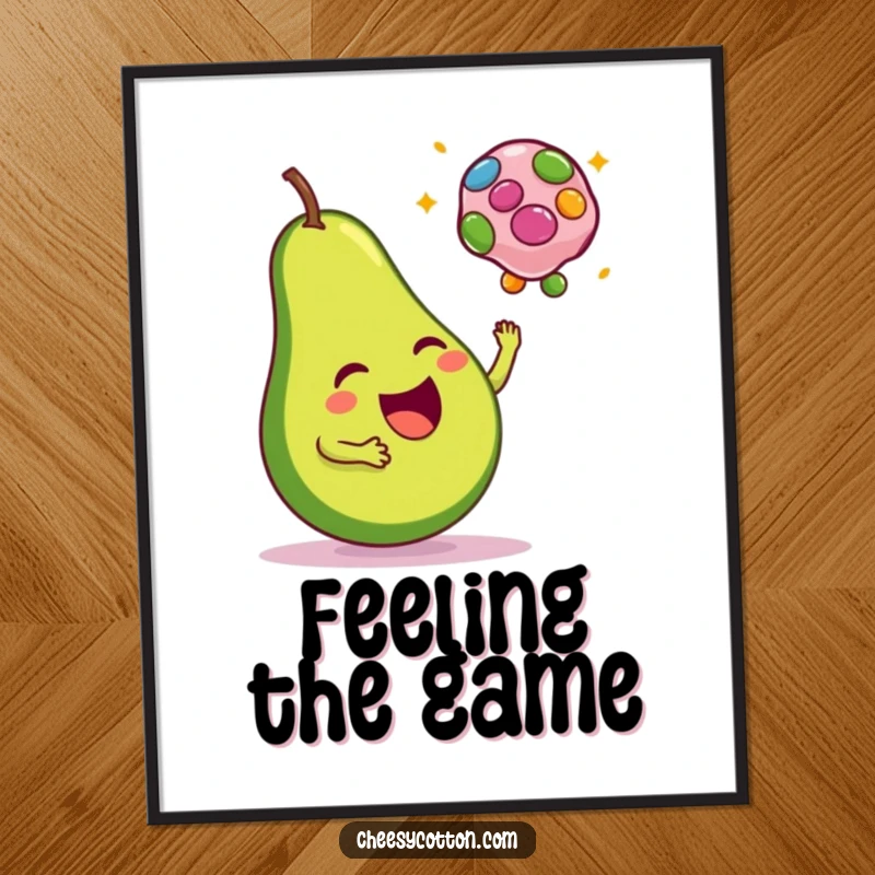 Funny digital art print of a happy avocado tossing a colorful bean bag, perfect for instant cheerful decor.