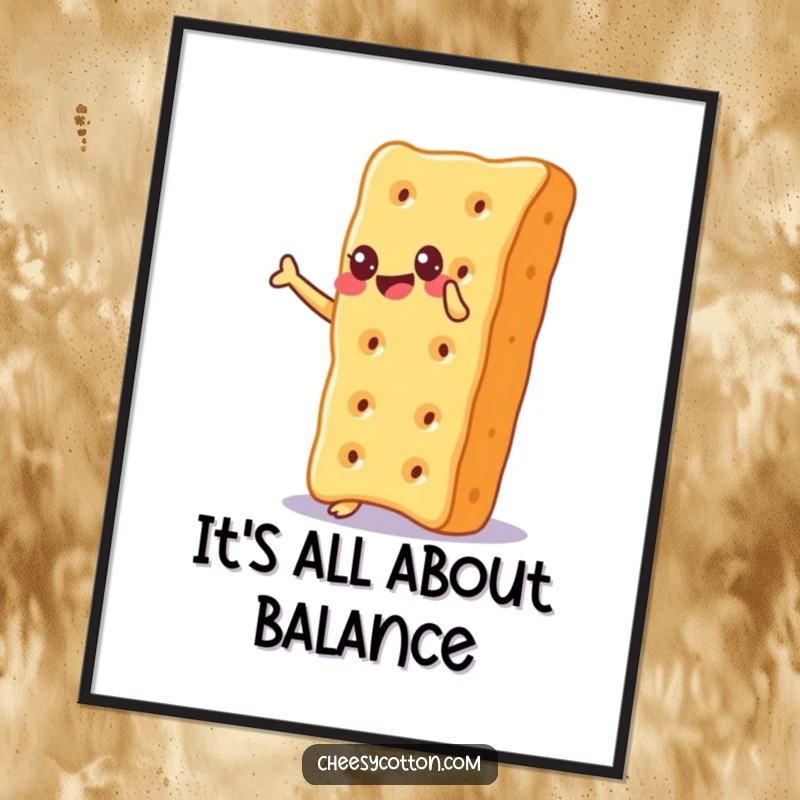 Funny Digital Art Print of a cheesy cracker joyfully balancing on its corner with an expression of pure glee, a humorous piece.